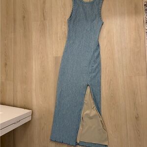 Aritzia Blue Check Sleeveless Maxi Dress with Side Slit